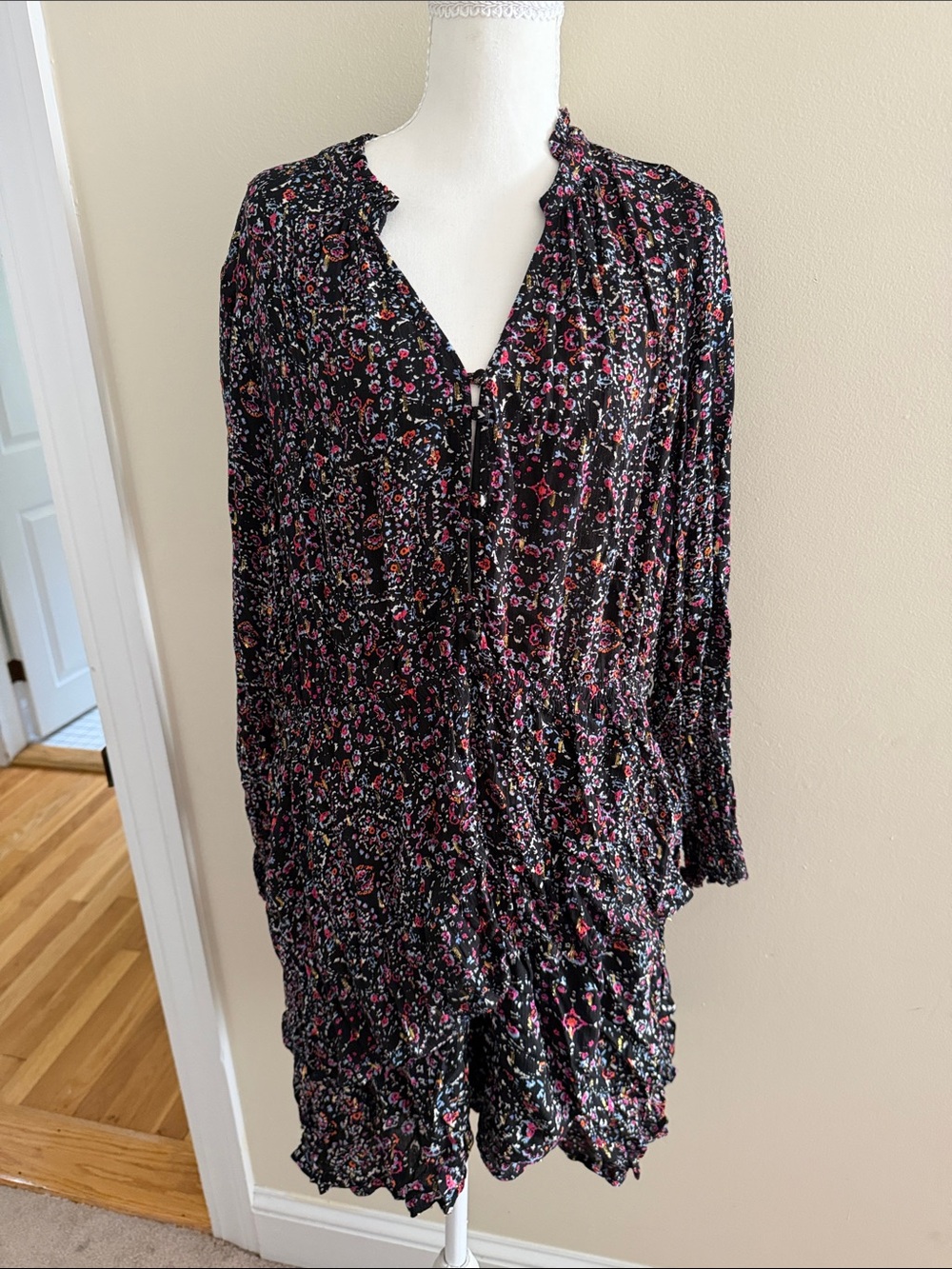 Fat Face Black Floral Smocked Neck Dress